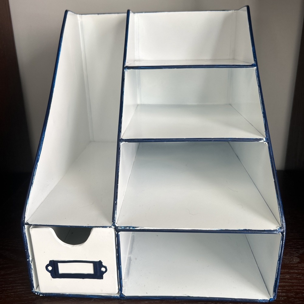 Modern White Metal Desk, Organizer With Slide Out Drawer Industrial Style